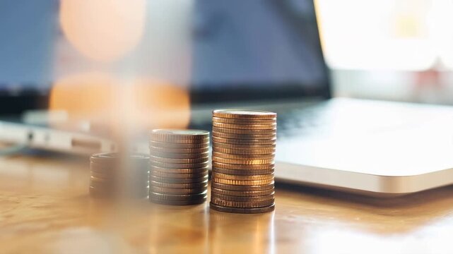 Coin Stack and Digital Screen: A captivating image capturing a stack of coins resting in front of a digital screen, symbolizing wealth, financial growth, and modern business.