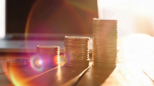 Stacked Coins: A close-up shot of stacks of coins represents growth and financial prosperity, with a laptop subtly placed in the background symbolizing the digital age. Capturing financial concepts.