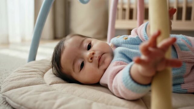 Close-up of a baby lying on a play mat looking up at soft arches. Infant reaching out with one hand towards a baby gym. Early childhood development and playtime concept