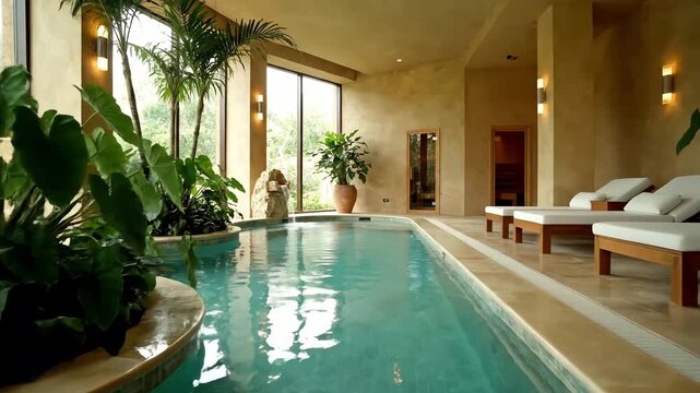 Indoor swimming pool with lounge chairs.