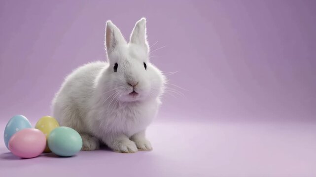 Cute white bunny rabbit sitting with pastel Easter eggs on a purple background. Fluffy pet looking at the camera. Spring holiday celebration concept with copy space for text