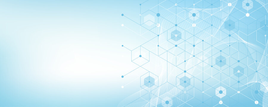 Modern health care or medical background design. Health care innovation concept. Horizontal header web banner. Abstract geometric background with hexagon shapes for medicine, science, chemistry.