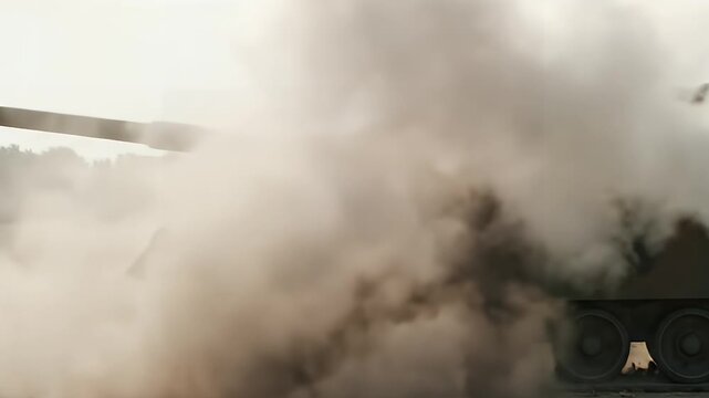 Main Battle Tank Firing Cannon with Muzzle Flash and Smoke Cloud
