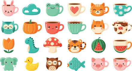 Cute animal and novelty mugs cartoon vector collection with cat, tiger, pig, owl, pumpkin and dinosaur cups for kids drink design