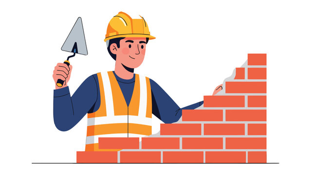 Construction worker at work: A construction worker skillfully lays bricks, meticulously crafting a solid wall, while donned in his safety gear, which underscores the dedication to work and safety.