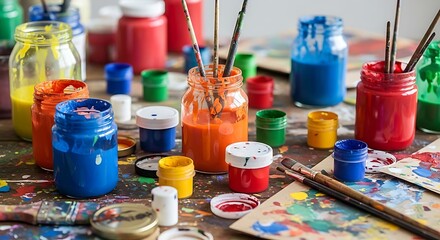 Colorful jars filled with paints and brushes scattered on a rustic, paint-splattered wooden surface