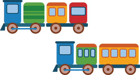Colorful cartoon toy train vector set, kids locomotive with wagons, railway transport vehicle illustration collection © Shafiul