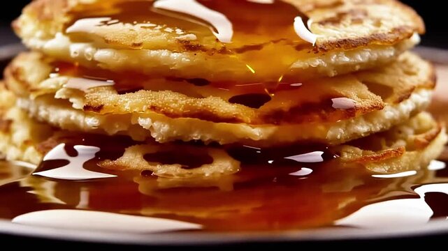 Observe delicious fluffy pancakes steaming, then drizzled with golden syrup. A perfect sweet breakfast treat, showcasing culinary artistry and appetizing warmth.