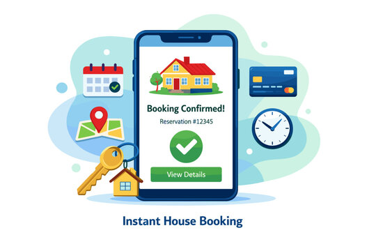 Smartphone displaying instant house booking confirmation with icons.