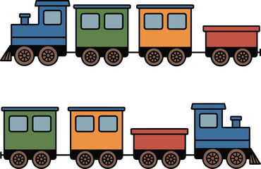 Cartoon toy train illustration set, colorful locomotive with wagons, kids transportation vehicle, railway engine vector icon © Shafiul