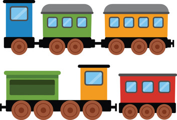 Colorful toy train vector set, cartoon locomotive with wagons, kids transportation vehicle, railway engine illustration © Shafiul