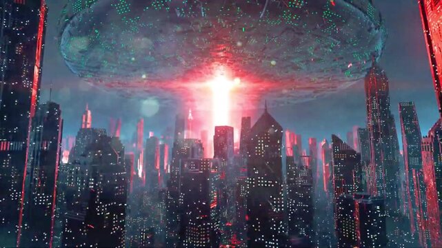 Futuristic 3D animation video depicting a city under an alien spaceship, featuring a bright red light, perfect for Vj loops and Dj sets, 3d video, loop, Vj, Dj, 3d Loop Vj