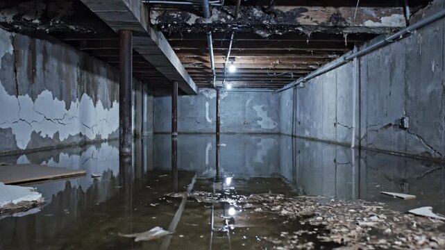 Underground Water Damage \'96 flooded basement structure, a realistic wide-angle view of a residential basement partially submerged in stagnant water, exposed concrete walls with visible cracks