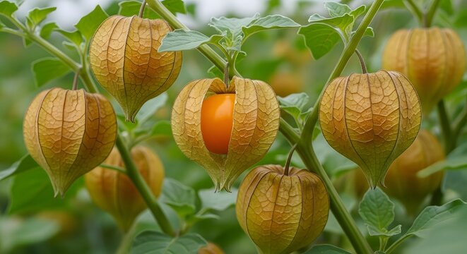 Close up of bitter gourd fruits on a vine with green leaves