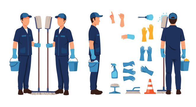 Professional janitor character shown from multiple angles with a set of cleaning equipment including mops, buckets, and spray bottles.