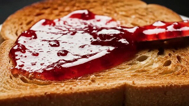 Observe a delicious marmalade spread onto golden-brown toast, creating a vibrant, sweet breakfast or snack. This captivating scene highlights culinary preparation.