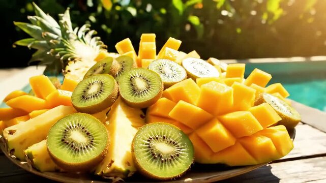 Vibrant tropical fruit platter featuring ripe mango, fresh kiwi, and juicy pineapple slices arranged artfully beside a shimmering swimming pool on a sunny day.