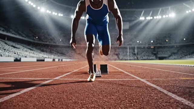 Video of sprint start blocks on running track with explosive push-off motion, athletic performance concept, competitive sports training background and stadium detail.
