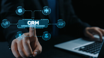 Fototapeta premium CRM platforms improve customer relationships through data analysis, CRM communication tools, and automation. CRM systems support customer management, tracking, and CRM relationship success. Elide