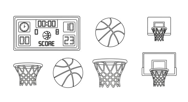 Illustration of various basketball elements including a digital scoreboard, hoops, and balls on a clean white background.