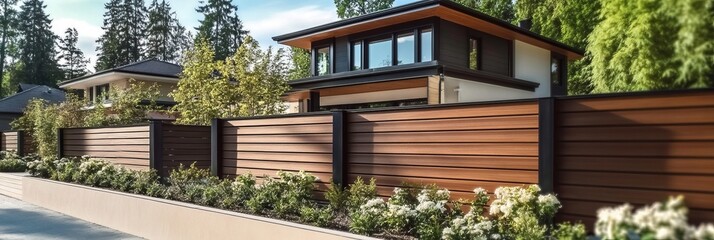 Fototapeta premium Charming House Surrounded by a Beautiful Wooden Fence Under a Bright Blue Sky on a Sunny Day