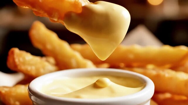 Watch a golden, crispy french fry with visible salt crystals being dipped into a creamy, yellow sauce, highlighting delicious fast food moments.