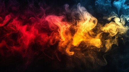 Fototapeta premium A vibrant blend of crimson, gold, and azure smoke wisps creates a stunning abstract digital painting with a dark, textured background and flowing, ethereal forms.