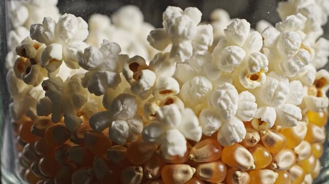 Popcorn kernels exploding into fluffy popcorn in glass containers