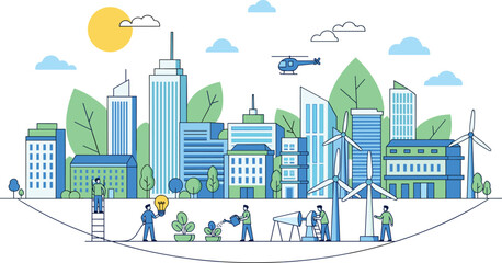 Obraz premium Sustainable smart city with renewable energy wind turbines green buildings people and urban eco technology vector illustration