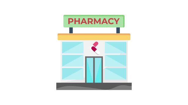 Pharmacy building with a prominent sign displaying the word Pharmacy on the front.