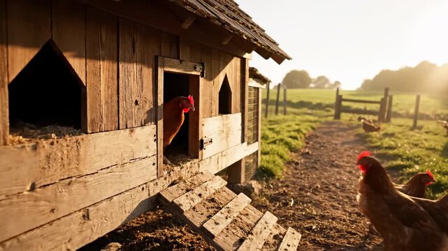 This video presents an exterior view of a traditional chicken coop with handcrafted wooden structure in a peaceful countryside environment, farmstead lifestyle concept, rural architecture theme, and