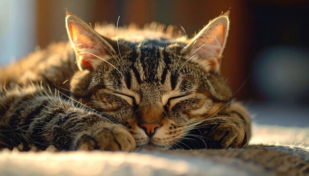 Peaceful slumber - A tabby cats serene nap in warm light.