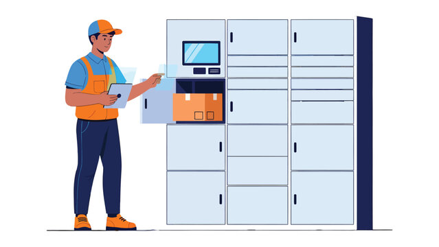Smart Parcel Delivery: A delivery worker interacting with a smart locker system, ensuring secure and efficient parcel delivery, showcasing the ease and modern logistics.