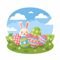 Fototapeta premium Easter bunny surrounded by colorful decorated eggs on grass with flowers under sunny sky