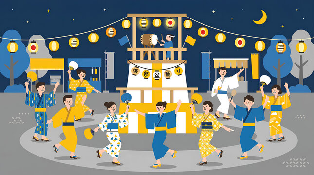 夏祭りの盆踊りのイラスト