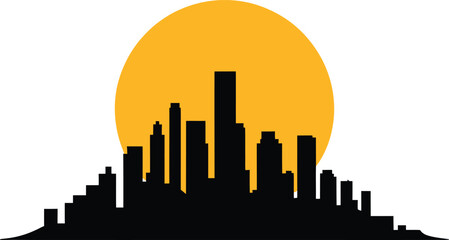 Fototapeta premium City skyline silhouette against large orange moon skyscraper cityscape vector graphic illustration