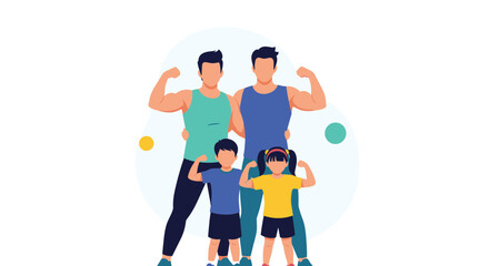 Fototapeta premium Healthy and strong family concept featuring parents and children proudly flexing their muscles together to promote fitness and wellness.