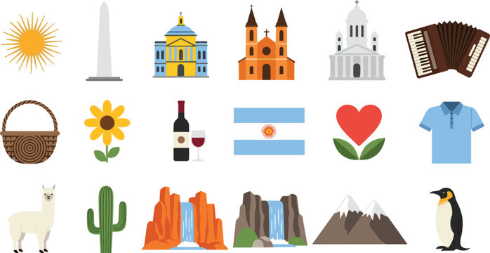 Argentina culture and landmarks icons collection with sun flag mate cactus tango accordion flat vector illustration set