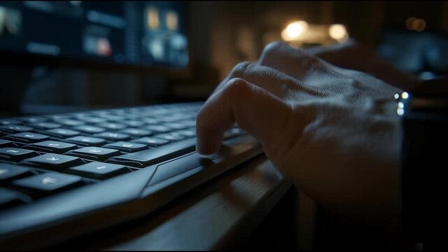 Close-up shot of a person's hand typing on a keyboard in a dimly lit room with a computer screen and blurred background.