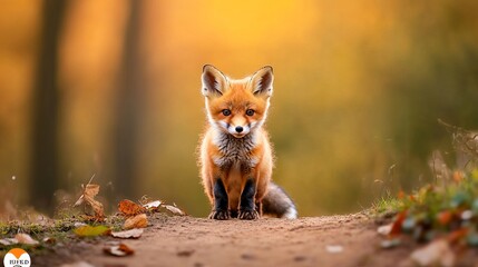 Fototapeta premium Charming Baby Orange Fox Resting on Forest Trail Surrounded by Lush Greenery in Natural Habitat