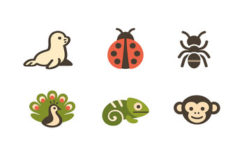 Obraz premium A collection of six stylized animal icons including a seal, ladybug