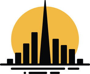 Obraz premium Minimalist golden sun and city skyline with prominent skyscraper and water reflection