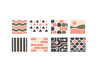 A collection of eight geometric pattern tiles in a muted color © Artstock