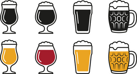 A set of eight different beer glasses filled with various types of beer