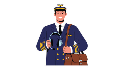 Pilot Prepared: A confident pilot, smartly dressed in his uniform, stands ready for duty, holding his headset and a leather bag, exuding a sense of preparedness and professionalism. © abidakhatun