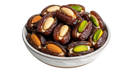 Fototapeta premium Delicious and healthy Medjool dates stuffed with almonds and pistachios in a white ceramic bowl, perfect for a sweet snack or dessert. isolated PNG with Transparent Background