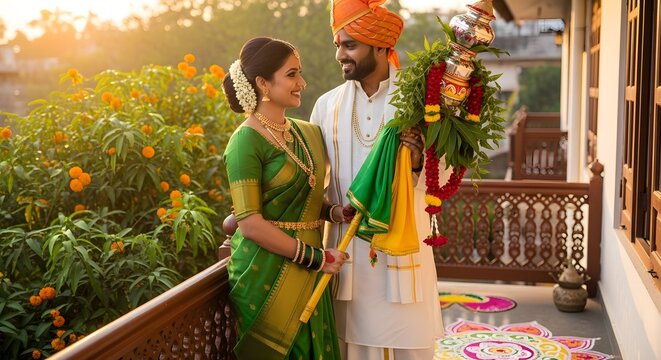 Indian Couple Celebrating Gudi Padwa Festival On Balcony