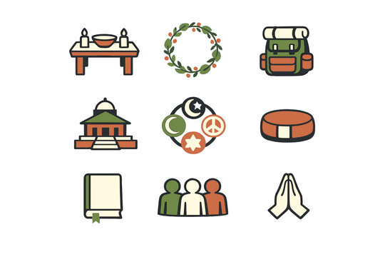 A collection of nine flat icons representing spirituality, religion