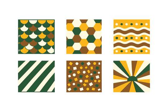This set of six geometric pattern swatches features a retro color