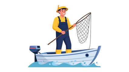 Fishing Adventure: An illustration of a fisherman standing on a boat, casting a fishing net with the backdrop of a bright day and the sea. © Ajm